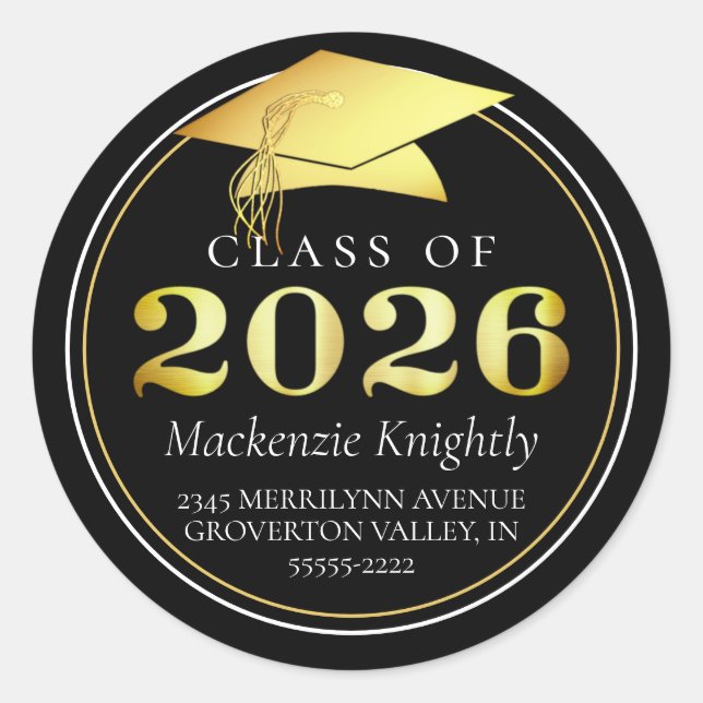 Sticker Rond Classe de 2025 Elegant Black Gold Adresse de retou (Devant)