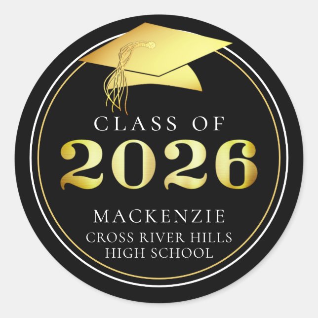 Sticker Rond Classe de 2025 Elegant Black Gold Personnalisé (Devant)