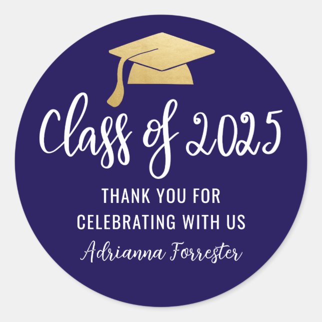 Sticker Rond Classe De 2025 Faux Gold Foil Graduate Casquette B (Devant)