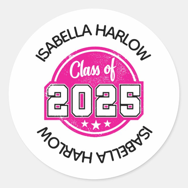 Sticker Rond Classe de 2025 Pink Graduate Name (Devant)