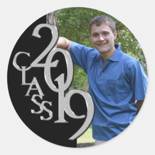 Sticker Rond Classe de Graduation de 2019 Photo Noir et Argent