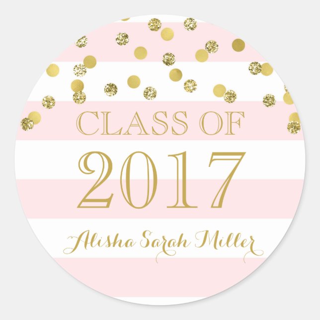 Sticker Rond Classe de Graduation Pink Stripe Gold Confetti de  (Devant)