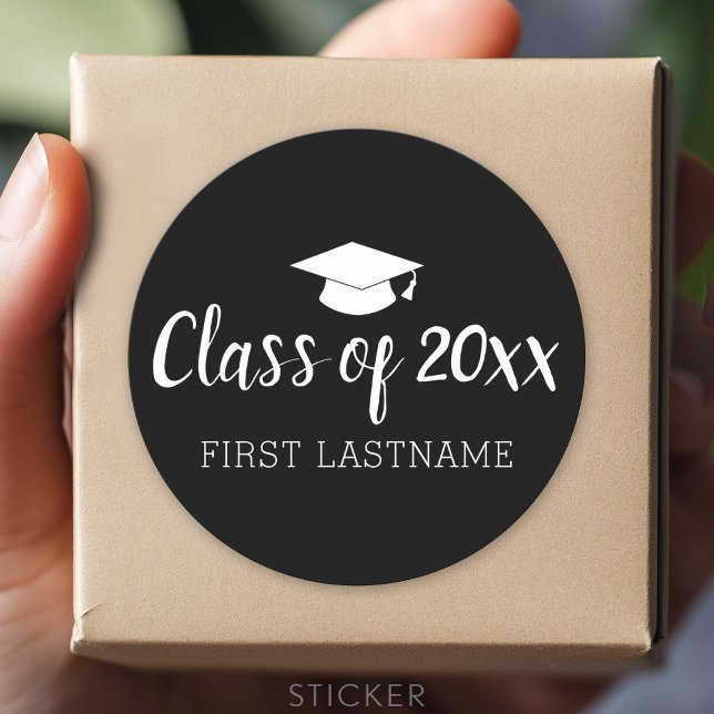 Sticker Rond Classe de l'année et nom - Noir peut changer de co (Custom Sticker for Party Favors and Envelopes)