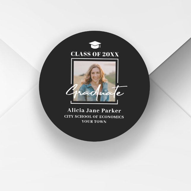 Sticker Rond Classe de photo moderne diplômée de 2025 noir (Créateur téléchargé)