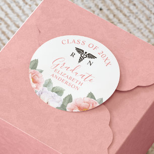 Sticker Rond Classe de soins infirmiers Diplômé rose florale Aq
