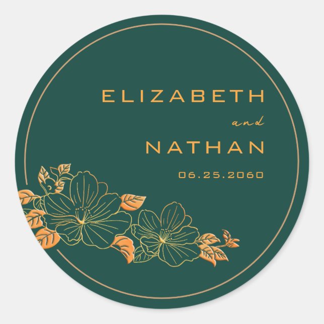 Sticker Rond Classé Emerald Green Gold Floral Foliage Mariage (Devant)