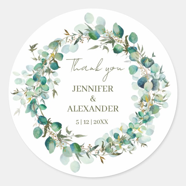 Sticker Rond Classe Mariage Feuille Eucalyptus Green (Devant)
