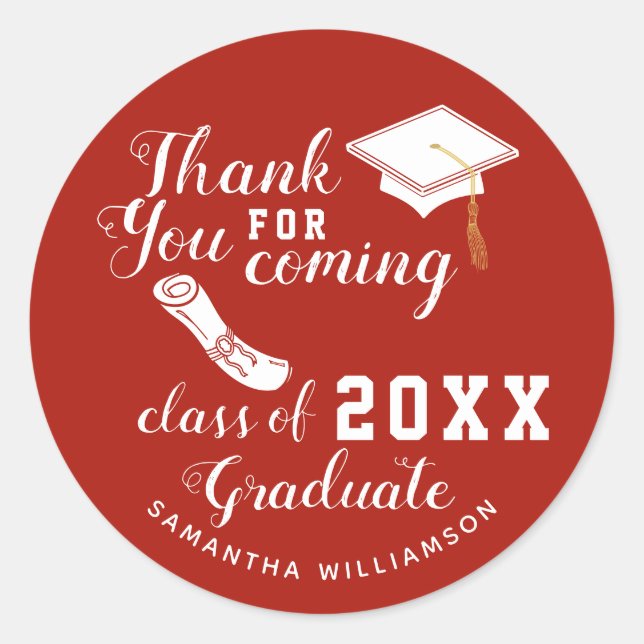 Sticker Rond Classe Merci rouge et blanc de 2025 Graduate (Devant)