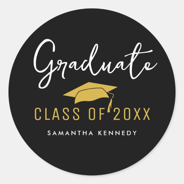 Sticker Rond Classe moderne Black & Gold de 2025 Graduation Cap (Devant)