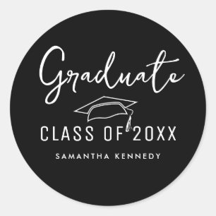 Sticker Rond Classe moderne Noir & Blanc de Cap Graduation 2025