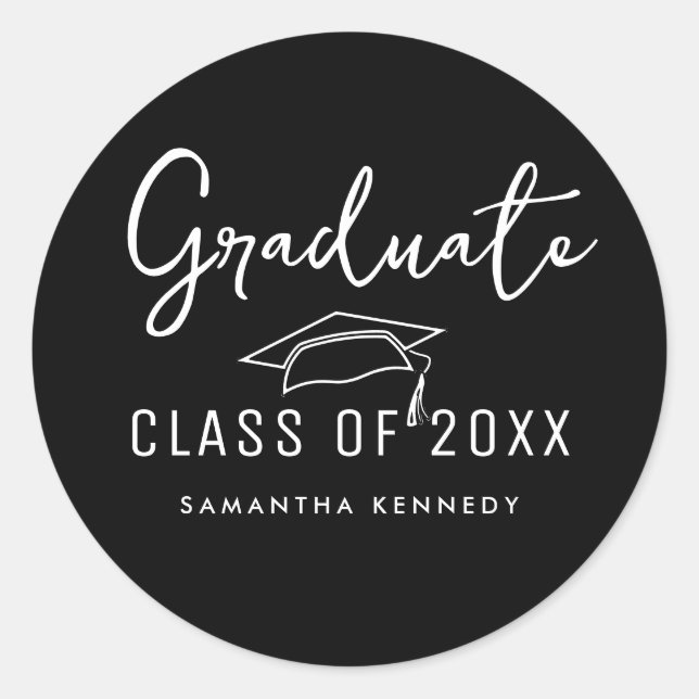 Sticker Rond Classe moderne Noir & Blanc de Cap Graduation 2025 (Devant)
