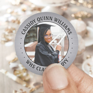Sticker Rond Classe photo Année Black Silver Faux Foil Graduati