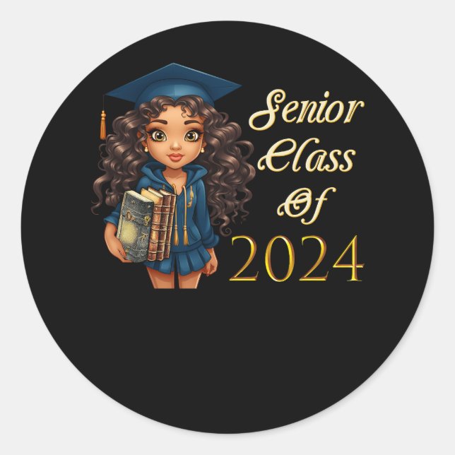 Sticker Rond Classe Supérieure De 2024 Black Girl Graduation Af (Devant)