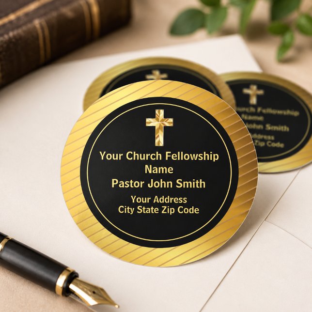 Sticker Rond Classeuse Église Pasteur Or Et Noir Entreprise (The foil effect is simulated, no metal is used in this product.)