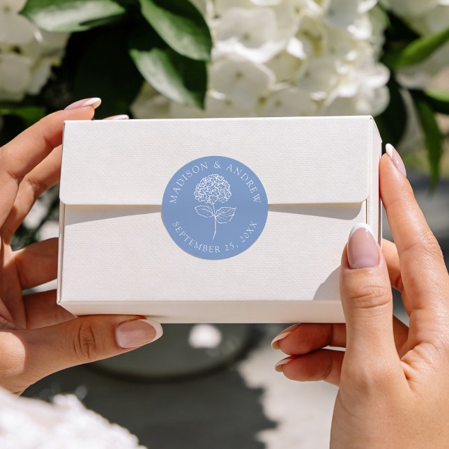 Sticker Rond Classic Blue Hydrangea Personalized Wedding (Créateur téléchargé)