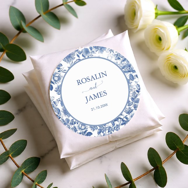 Sticker Rond Classic Blue Toile Botanical Wedding Seal Label (Classic Blue Toile Botanical Wedding Seal Label)