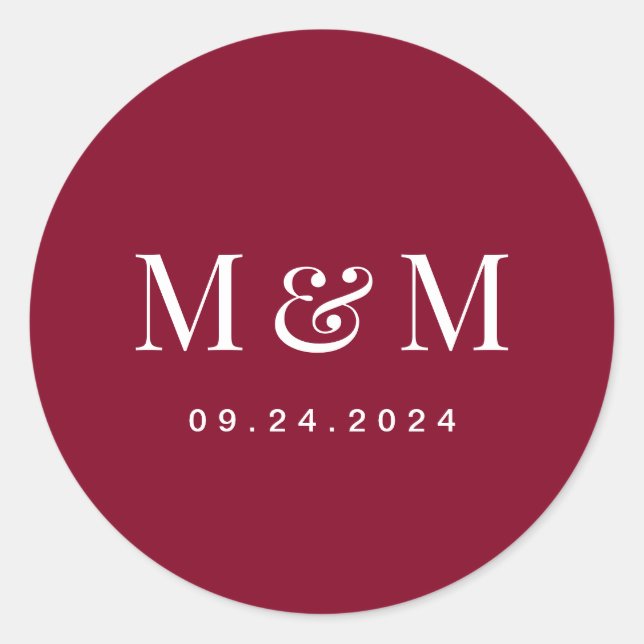 Sticker Rond Classic  Burgundy Red Monogram Typography Wedding (Devant)