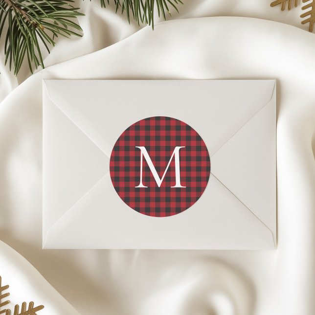 Sticker Rond Classic Christmas Buffalo Plaid Custom Monogram (Créateur téléchargé)