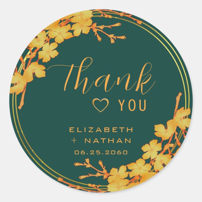 Sticker Rond Classic Emerald Green & Gold Wedding Thank You (Devant)