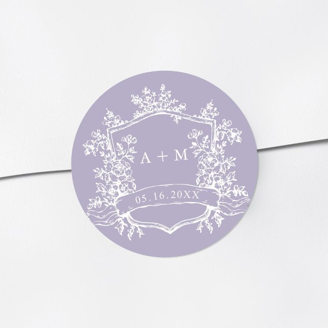 Sticker Rond Classic Floral Crest Monogram Lavender (Créateur téléchargé)