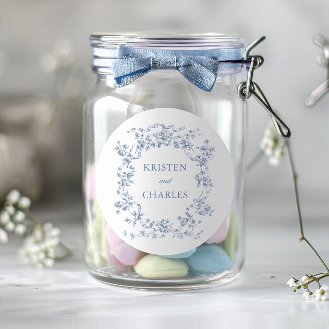 Sticker Rond Classic French Blue Flowers & Ribbons Wedding (Créateur téléchargé)