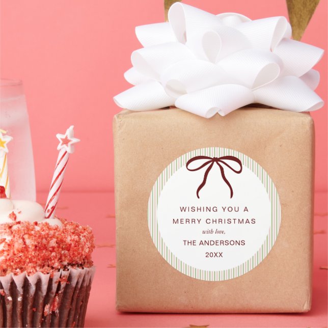 Sticker Rond Classic Green Pink Stripes Red Bow Merry Christmas (Fête)