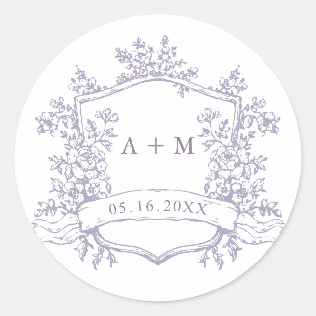 Sticker Rond Classic Lavender Floral Crest Monograms (Devant)
