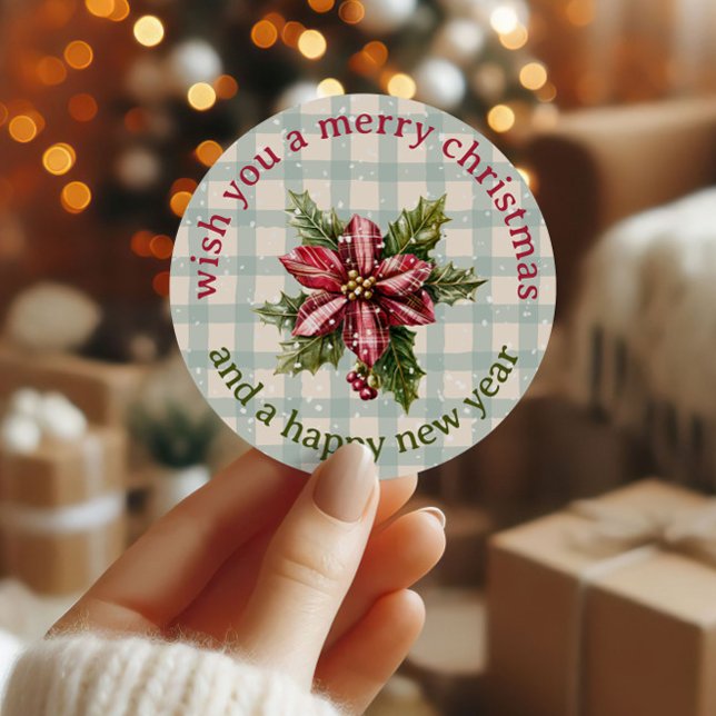 Sticker Rond Classic Plaid Poinsettia Floral Merry Christmas (Créateur téléchargé)
