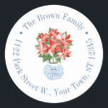 Sticker Rond Classic Red Poinsettia Christmas Adresse de retour<br><div class="desc">Cette conception flexible autocollant comprend un plante de poinsettia rouge festif dans une jarre de gingembre bleu et blanc avec une bordure circulaire en texte. Montré ici pour une étiquette d'adresse de retour, mais tous les champs de texte sont flexibles à vos besoins par exemple pourrait être un autocollant de...</div>