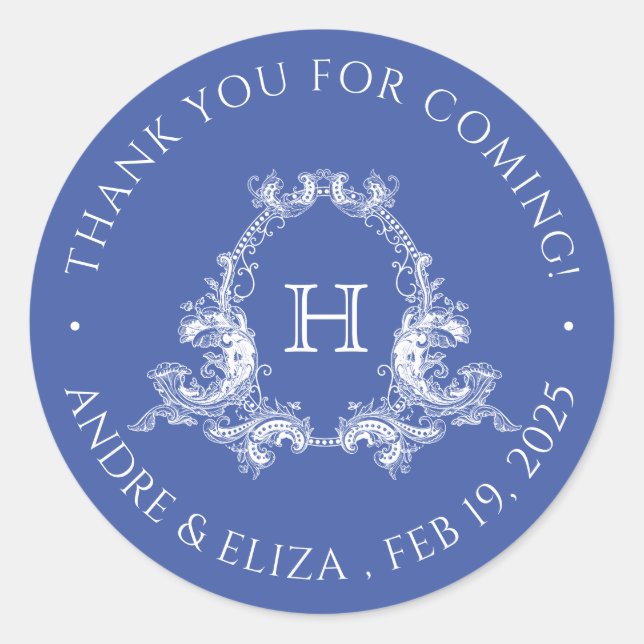 Sticker Rond Classic Regency Blue Crest Monogram Classe Mariage (Devant)