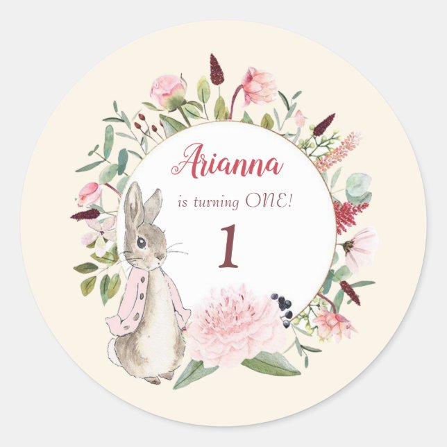 Sticker Rond Classic rose Pierre le lapin Floral Anniversaire (Devant)