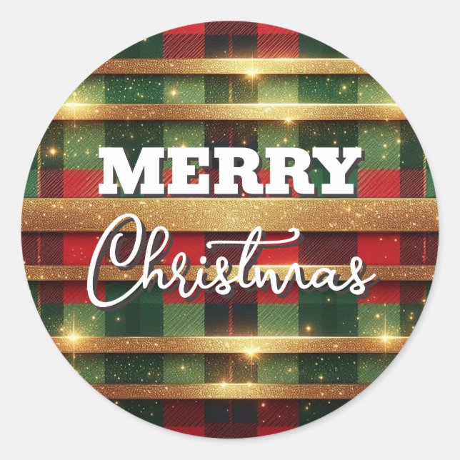 Sticker Rond Classic Rouge et Vert Plaid Sparkling Gold Stripes (Devant)