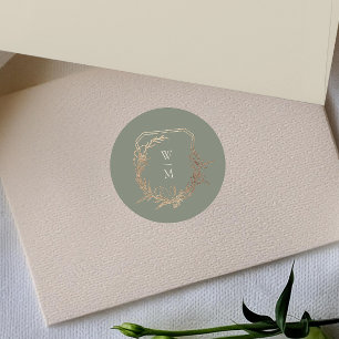 Sticker Rond Classic Sage & Cream Monogram Gold Crest Mariage