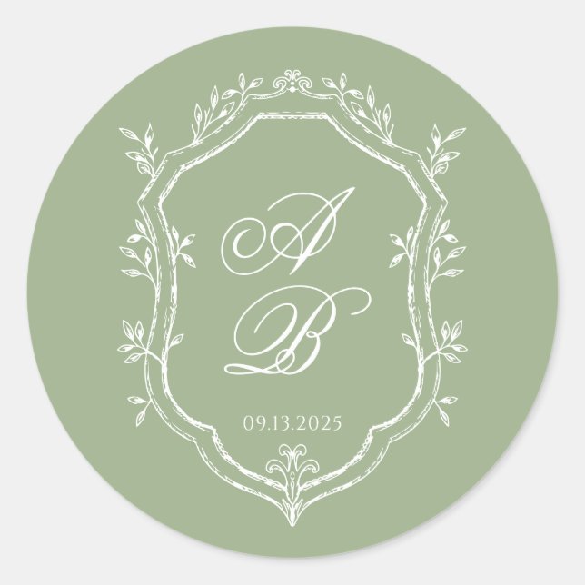 Sticker Rond Classic Sage Green & White Monogram Crest Wedding (Devant)