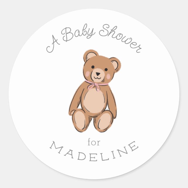 Sticker Rond Classic Teddy Bear Baby shower rose (Devant)