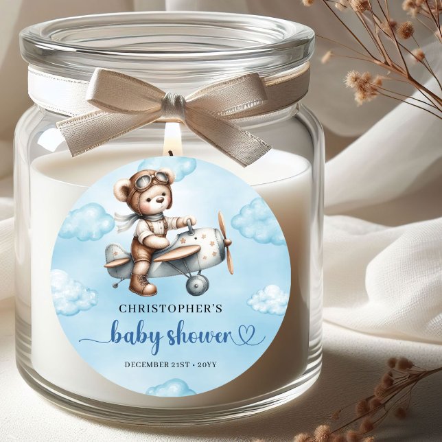 Sticker Rond Classic Teddy Bear Pilot Blue Brown Baby Shower  (Classic Teddy Bear Pilot Blue Brown Baby Shower Sticker

)