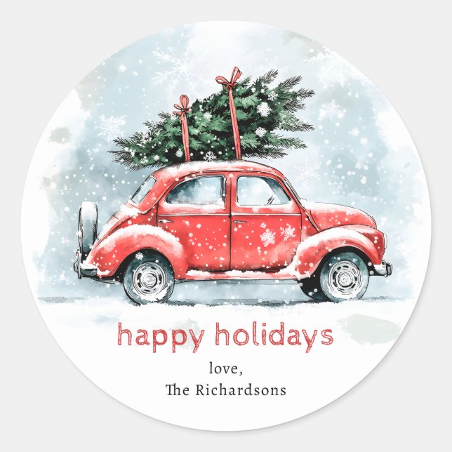 Sticker Rond Classic Watercolor Red Car Christmas Tree Holiday  (Devant)