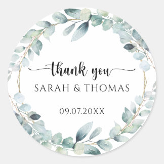 Sticker Rond Classic White Eucalyptus Wreath Wedding Thank You