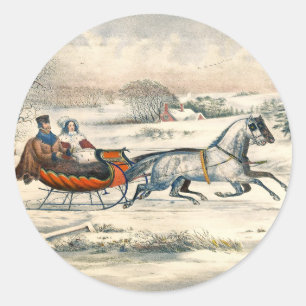Sticker Rond Classique 1853 Promenade en traîneau Currier Ives 