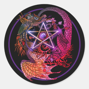 Sticker rond classique Art Nouveau pentacle dragon