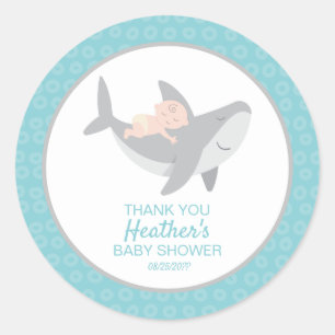 Sticker rond classique Baby shower de requin doux
