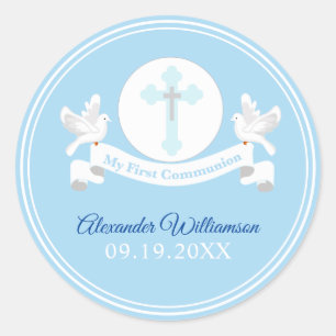 Sticker rond classique bleu première communion
