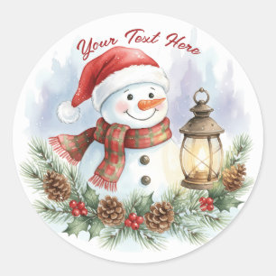 Sticker Rond Classique Bonhomme de Neige Noël Aquarelle Joyeux