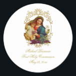 Sticker Rond Classique catholique traditionnelle première saint<br><div class="desc">Personnalisez notre belle Cravate traditionnelle de la première communion catholique avec deux anges qui adorent la Sainte Eucharistie. Tout le texte et les polices peuvent être modifiés.</div>