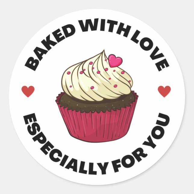 Sticker rond classique Cupcake, cuit avec amour (Devant)