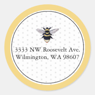 Sticker Rond Classique d'adresse de retour abeille jaune et noi