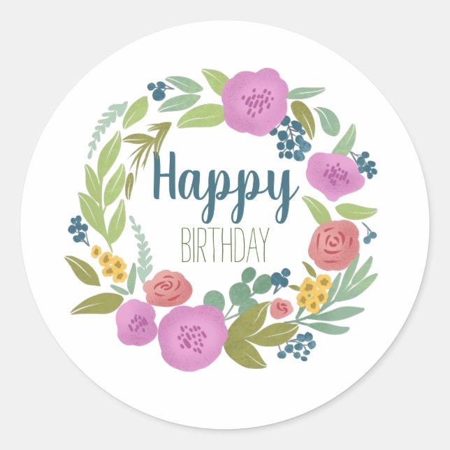 Sticker rond classique d'anniversaire floral (Devant)