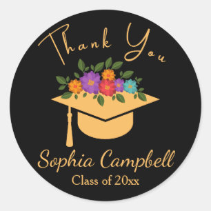 Sticker rond classique de graduation florale noire