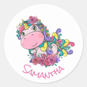 Sticker rond classique de la Unicorn Party violet