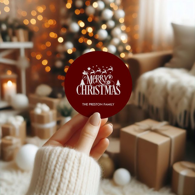 Sticker rond classique de Noël roux profond (Deep Red Merry Christmas Classic Round Sticker)